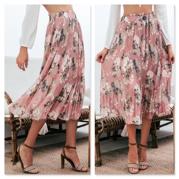 Pleated Floral Print High Waist Midi Pink Skirt - Picture 2 of 8